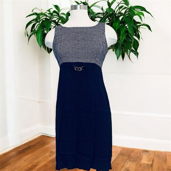 Vintage Alison Che Tweed Navy Blue Mini Dress S Buckle Checkered Plaid - Picture 1 of 8